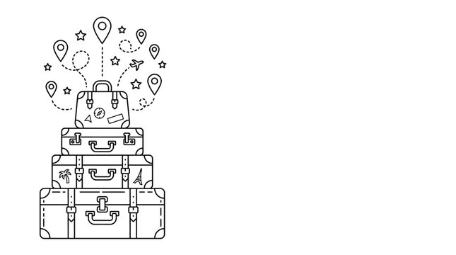 Stack of vintage suitcases with travel icons illustration.