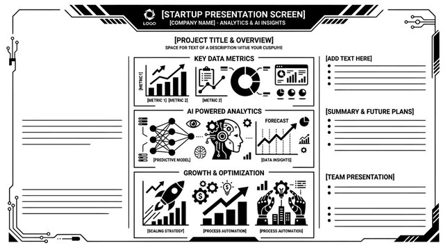 Startup Business Presentation Dashboard Template With Data Analytics Icons.