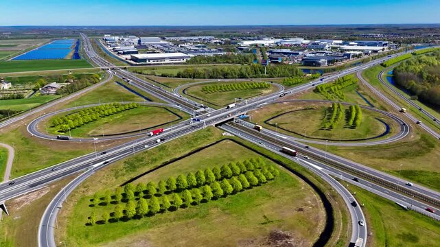 Aerial drone view road junction. Clover roundabout view from above. Car traffic on autobahn Netherlands. . High quality 4k footage