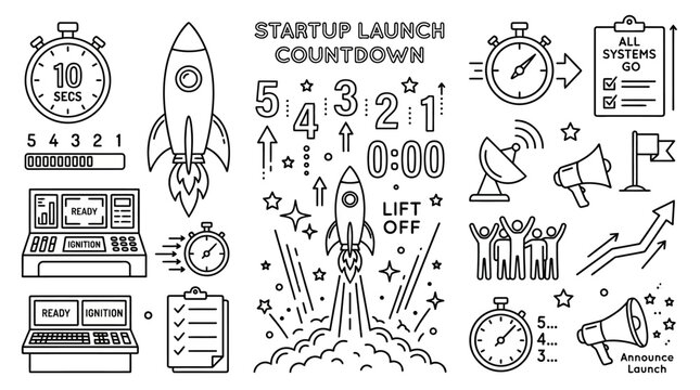 Startup launch countdown doodle set with rocket and mission control icons.