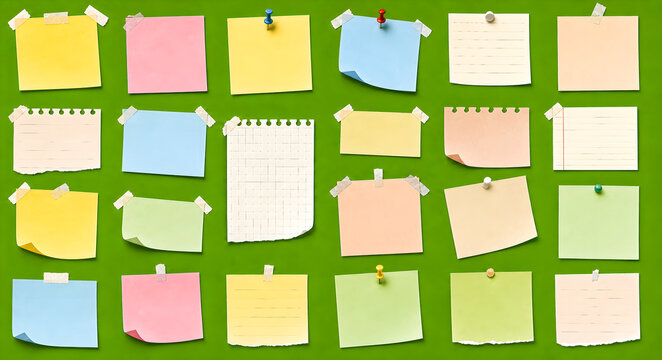  Colorful sticky notes and paper memos on green background