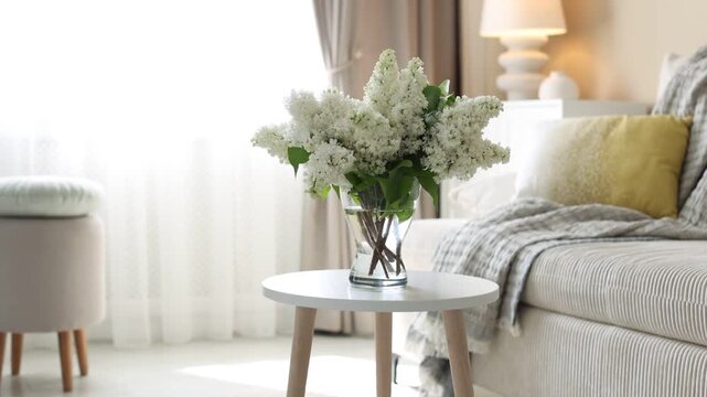 Aromatic lilac flowers in vase on table indoors, camera moving in