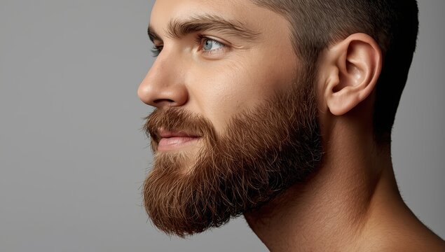 Immaculate beard. Young man with a beard shown up close on a gray backdrop.