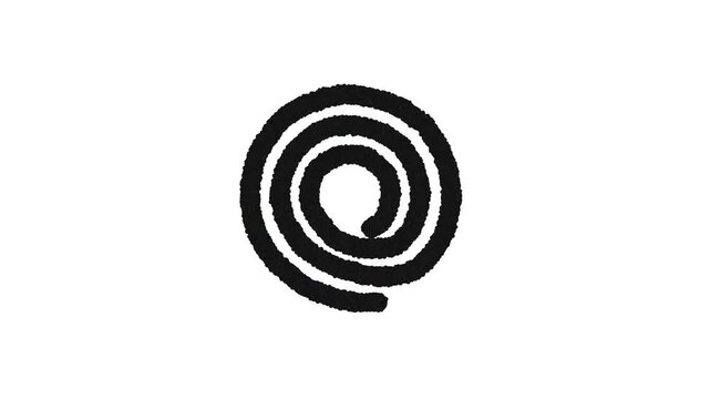 A textured black spiral symbol with a grainy appearance is centered on a clean white background, creating a minimalist