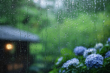 Fototapeta premium Blue hydrangea seen through rainy window glass in soft bokeh