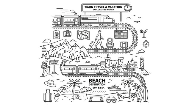 Train Travel and Beach Vacation Line Art Infographic Illustration.