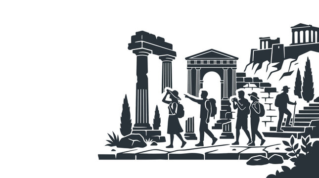 Tourists exploring ancient Greek historical ruins and architecture.