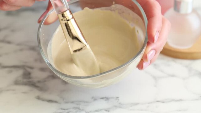 Woman stirring clay paste for hair and skin care with makeup brush at white marble table, closeup. Mud therapy