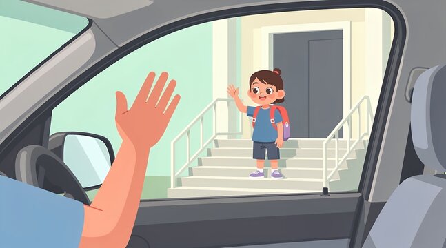 Young Schoolgirl Waving Goodbye From School Entrance While Parent Waves From Car Window