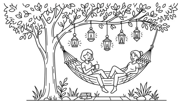 Two friends relaxing in a hammock under a tree.