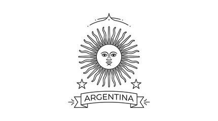 Vintage style line art illustration of the Sun of May with Argentina ribbon banner.