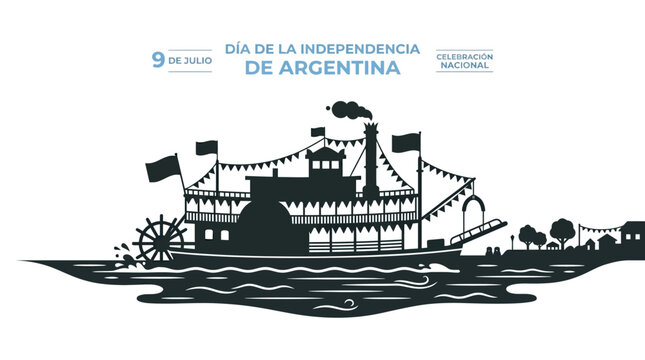 Vintage silhouette illustration of a traditional paddle steamer riverboat for Argentina Independence Day.