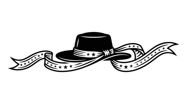 Vintage style fedora hat illustration with decorative ribbon banner.