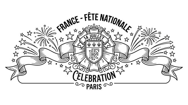 Vintage style France Fete Nationale emblem with ribbon and fireworks.