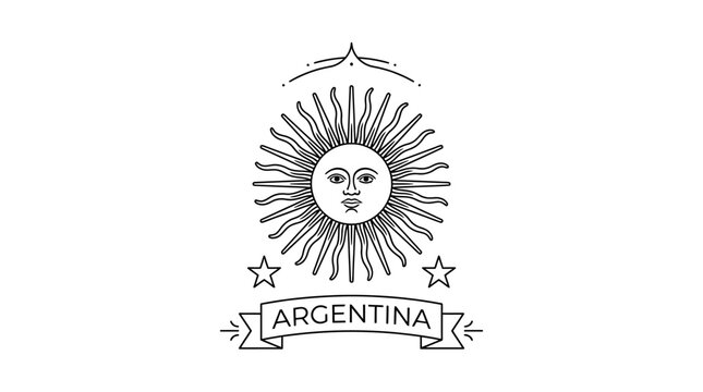 Vintage style line art illustration of the Sun of May with Argentina ribbon banner.
