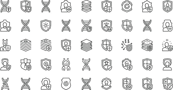 Genetic Data Security Line Icon Set With DNA Helix, Shields, User Protection, and Privacy Technology Symbols