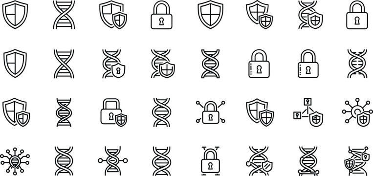 Genetic Data Security Line Icon Set With DNA Helix, Shield, Lock, and Medical Biotechnology Protection Symbols