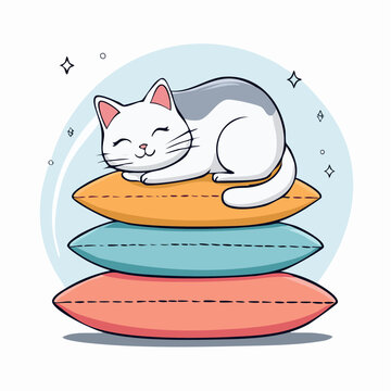 Cute cartoon cat sleeping on a stack of colorful pillows