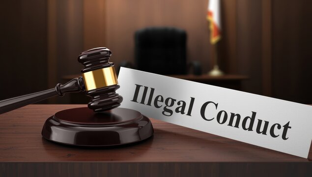 A judge's mallet and document stating unlawful behavior. Unlawful behavior refers to actions by an employee that violate federal law.