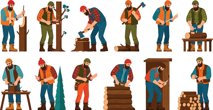 Set of lumberjacks working with wood logs using axes and saws in flat vector illustration for forestry concepts