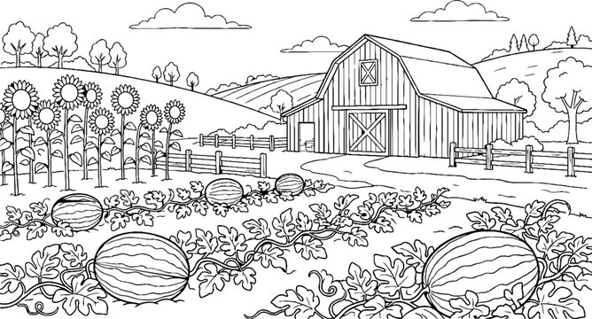 Farm landscape with barn and watermelon patch