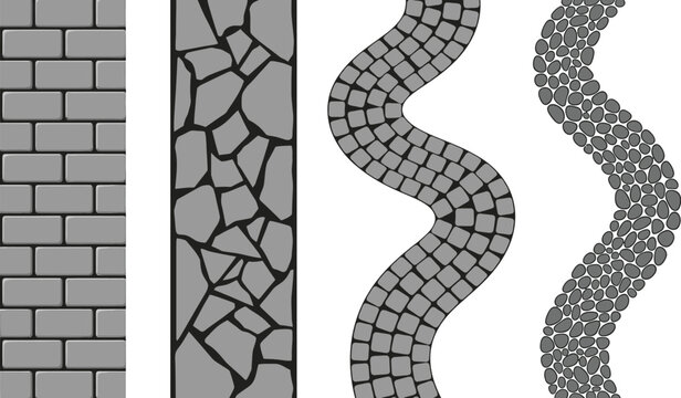 Set of stone path and pavement textures featuring brick patterns and irregular cobblestone designs in flat vector illustration