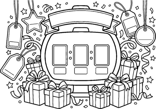 Sale countdown timer with gifts and confetti line art