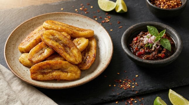 Golden crispy fried banana slices served alongside a savory dipping sauce, capturing a delicious culinary scene on a dark slate board with lime wedges and crushed chili pepper for a rustic meal.