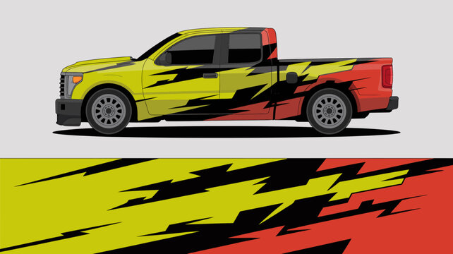 Yellow and red pickup truck vehicle.