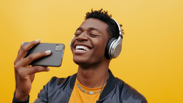 Enjoying technology. Joyful black hipster man with headphones singing, upbeat young African man using smartphone as a mic, having a good time against a yellow backdrop.