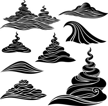 Black wave, ocean wave, swirl, abstract wave icons, 8 wave graphics, vector set