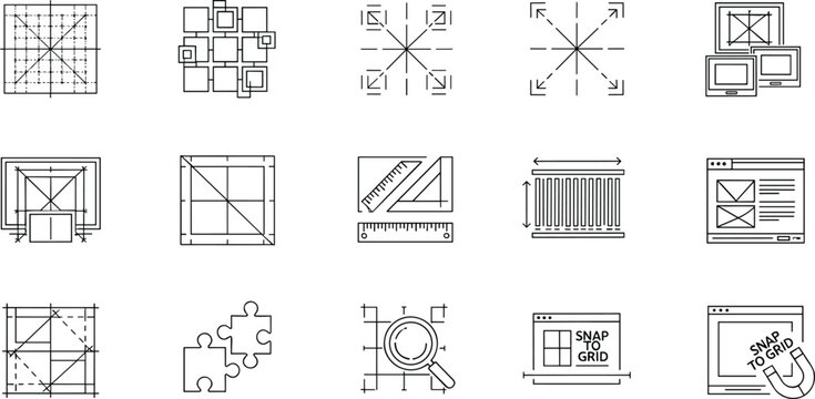 Web Design Line Icon Set With Layout Grids, Responsive Screens, Wireframes, Rulers, and Interface Planning Symbols
