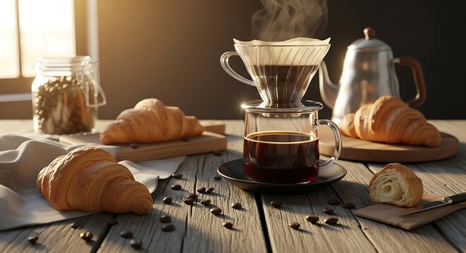A delicious coffee and croasand breakfast setup featuring a steaming pour over brew with fresh buttery croissants on a rustic wooden table in soft sunlight