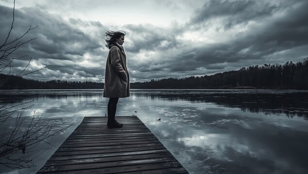 Isolated woman on a wooden pier gazing at cloud reflections in chilly water. Intense image depicting struggles, tough decisions, and a melancholic state.
