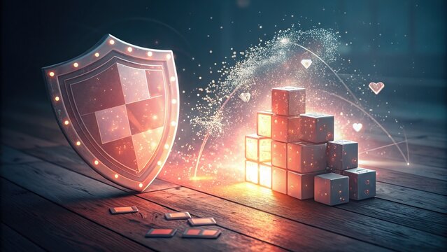 Glowing Semi-Transparent Shield With Data Blocks and Bright Shapes