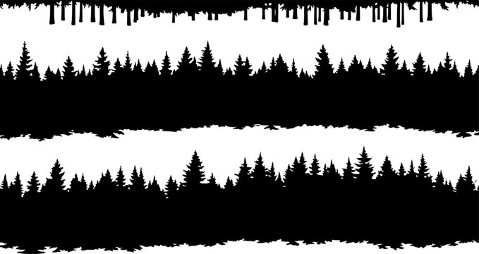 Black silhouette forest trees, nature landscape borders, vector graphics, decorative elements