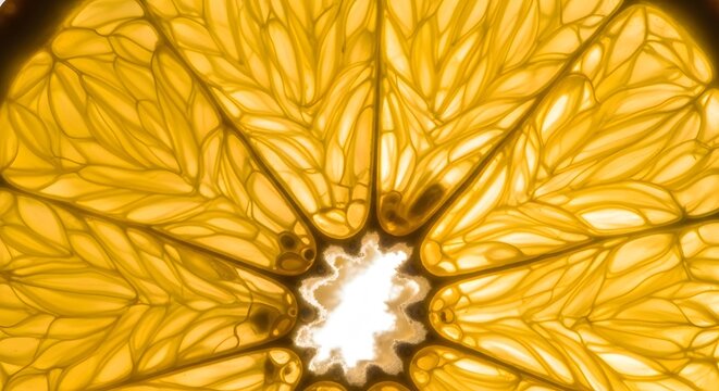 Close-up of a translucent orange slice backlit showing intricate details of segments and pulp.