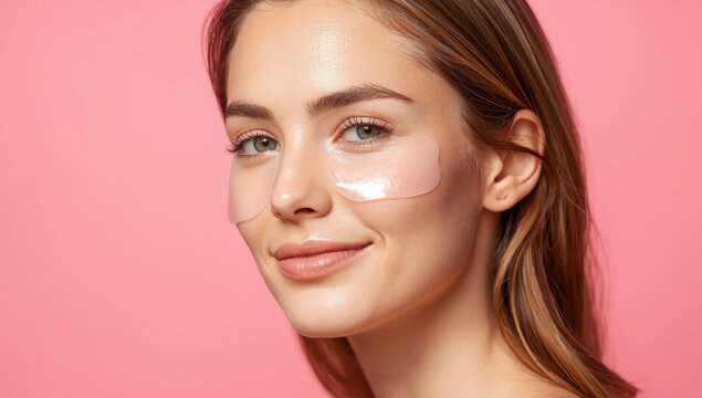 Attractive woman with hydrating patches under her eyes set against a pink backdrop. Skincare, cosmetics, beauty theme.