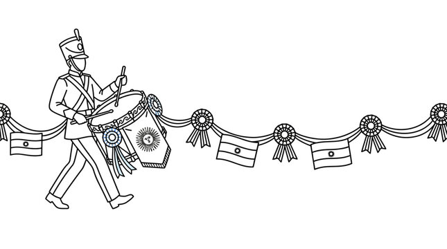 A black and white line art illustration of a soldier playing a drum with hanging flag bunting.