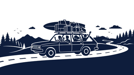 A vintage station wagon car loaded with luggage on roof rack driving on a road. © sumi yati