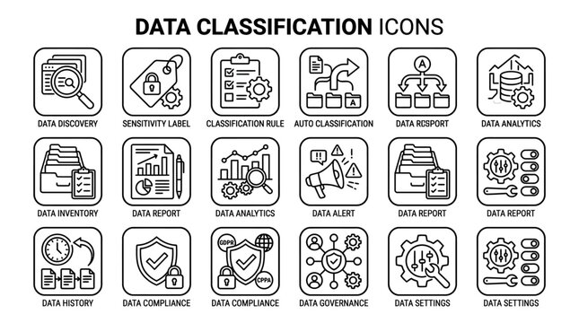 Set of data classification and management line icons.
