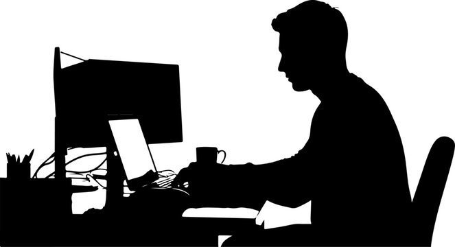 Silhouette of man working on computer, office desk silhouette, black office worker, vector illustration