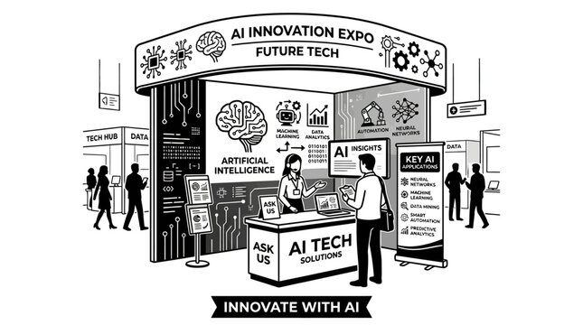 AI Innovation Expo booth with staff and attendees.
