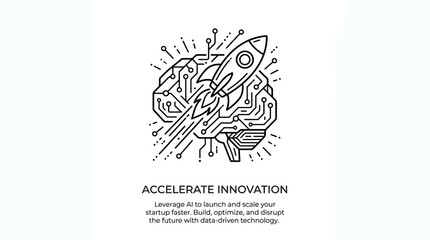 Obraz premium Artificial Intelligence Brain Rocket Line Art Innovation Concept.