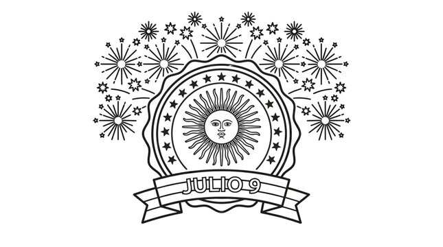 Argentina Independence Day emblem with sun and fireworks.