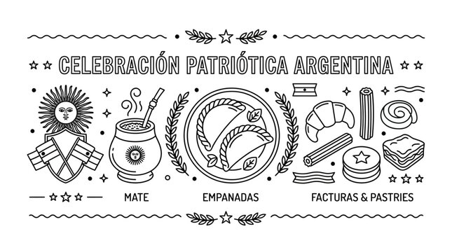 Argentine Patriotic Celebration Doodle with Traditional Food and Symbols.
