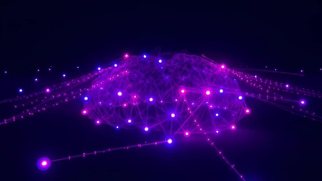 Digital datum stream matrix effect abstract network connection glowing purple node line technology dark background neural brain futuristic data concept luminous particles sphere neon particle lines