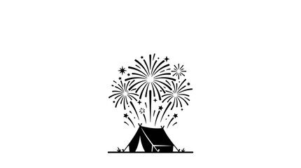 Black and white illustration of a camping tent with fireworks display. © sumi yati