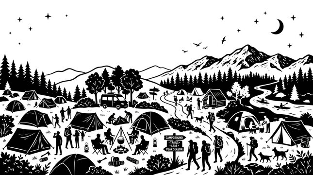 Black and white illustration of a lively summer camping scene with people and tents.