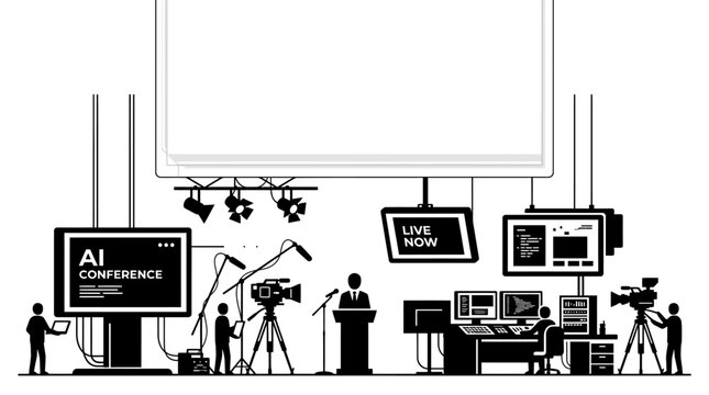 Black and white illustration of a live AI conference production setup.
